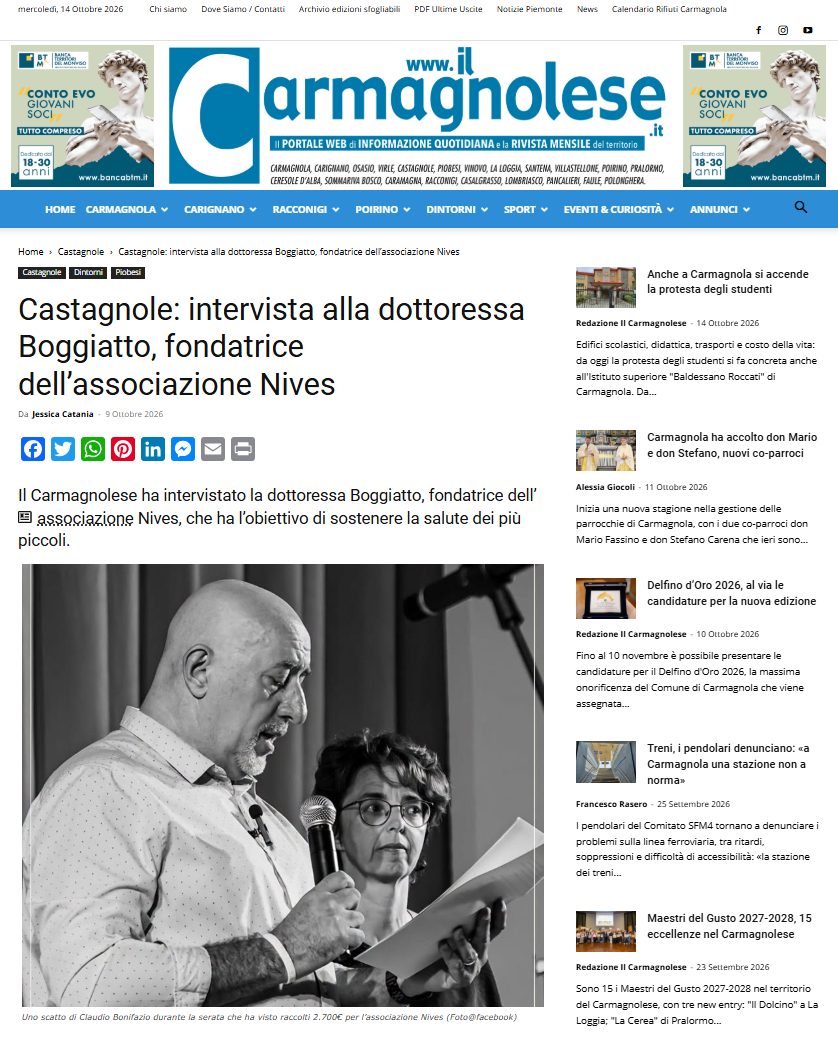 Ritaglio dell’articolo de Il Carmagnolese dedicato all’Associazione Nives