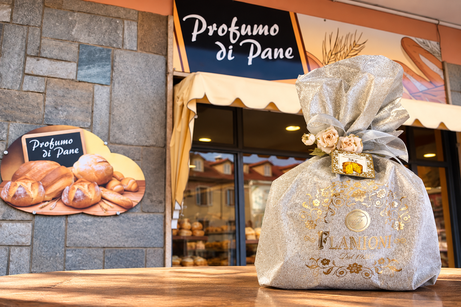 Panettone confezionato davanti alla panetteria Profumo di Pane